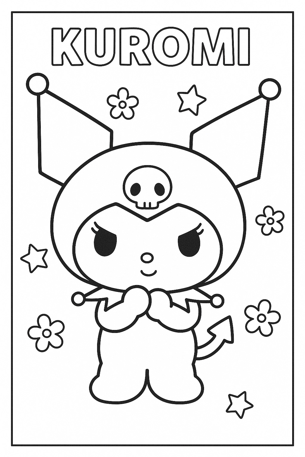 Desenho Kuromi segurando um bastão para imprimir e colorir