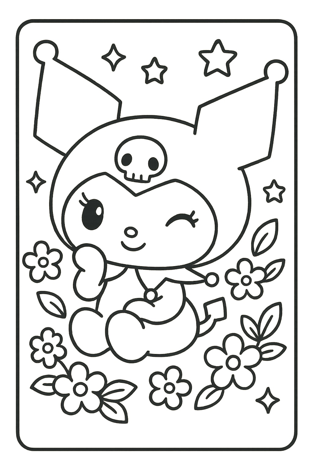 Desenho Kuromi sentada com flores para Colorir e Imprimir Desenho Kuromi sentada com flores para Colorir e Imprimir