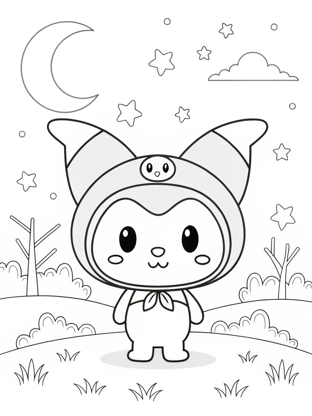 Desenho Kuromi fofa sob a lua para Colorir e Imprimir Desenho Kuromi fofa sob a lua para Colorir e Imprimir