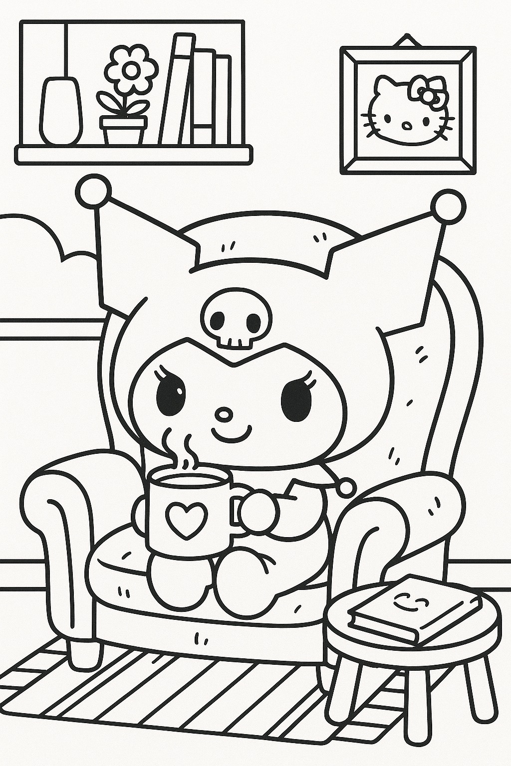 Desenho Kuromi sentada em uma cadeira com uma caneca