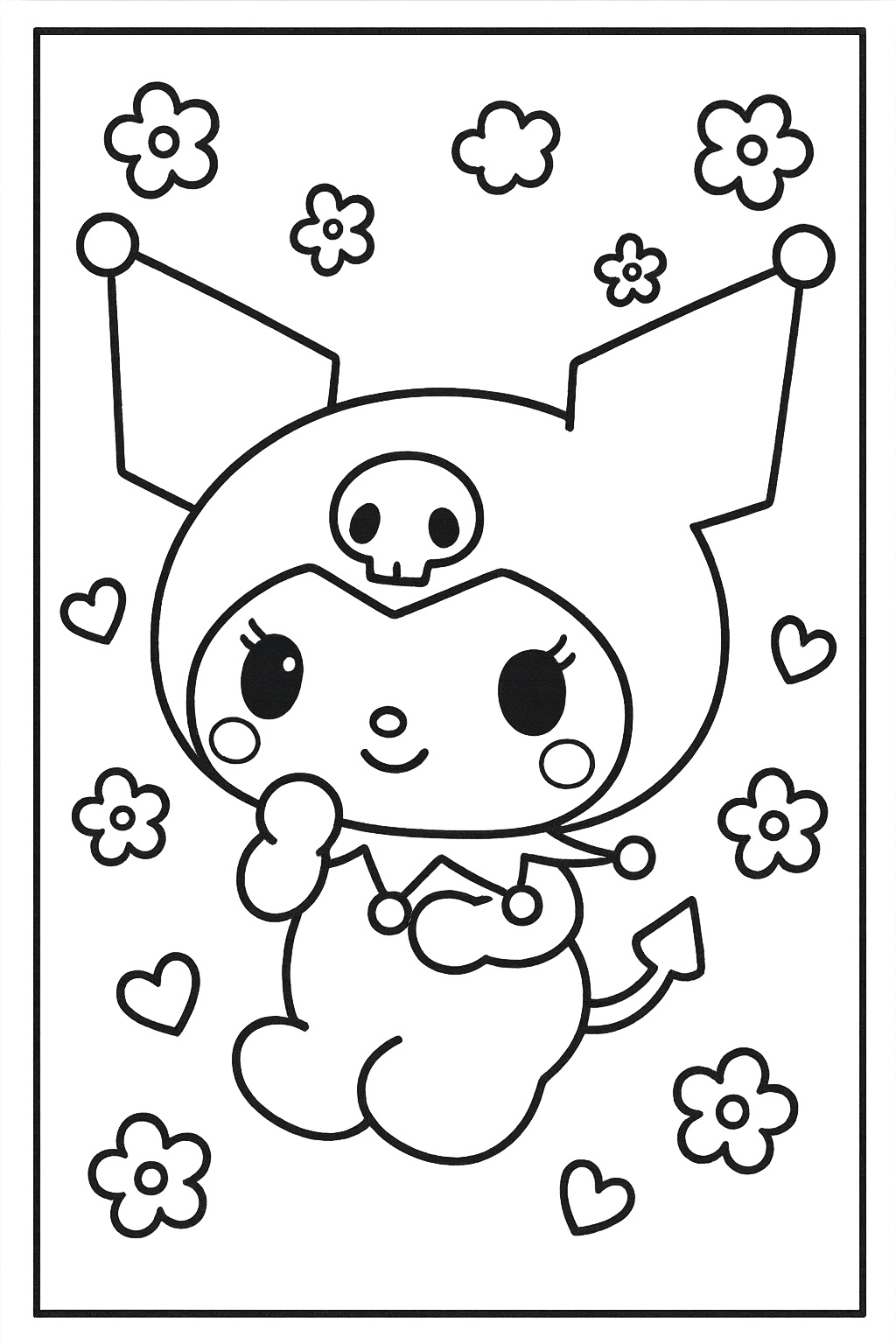 Desenho Kuromi sorrindo entre flores para Colorir e Imprimir Desenho Kuromi sorrindo entre flores para Colorir e Imprimir