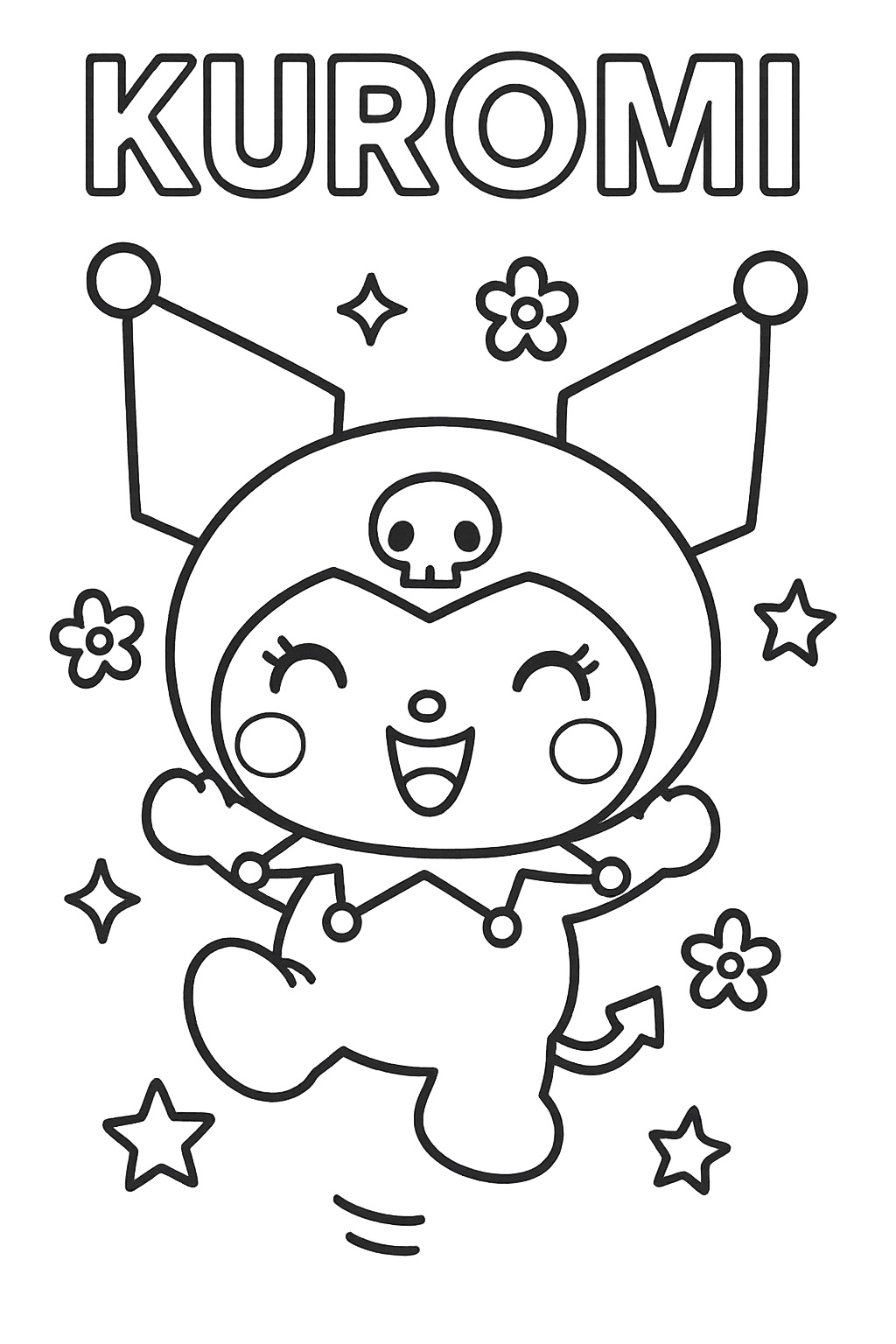Desenho Kuromi sorrindo com flores e estrelas para colorir