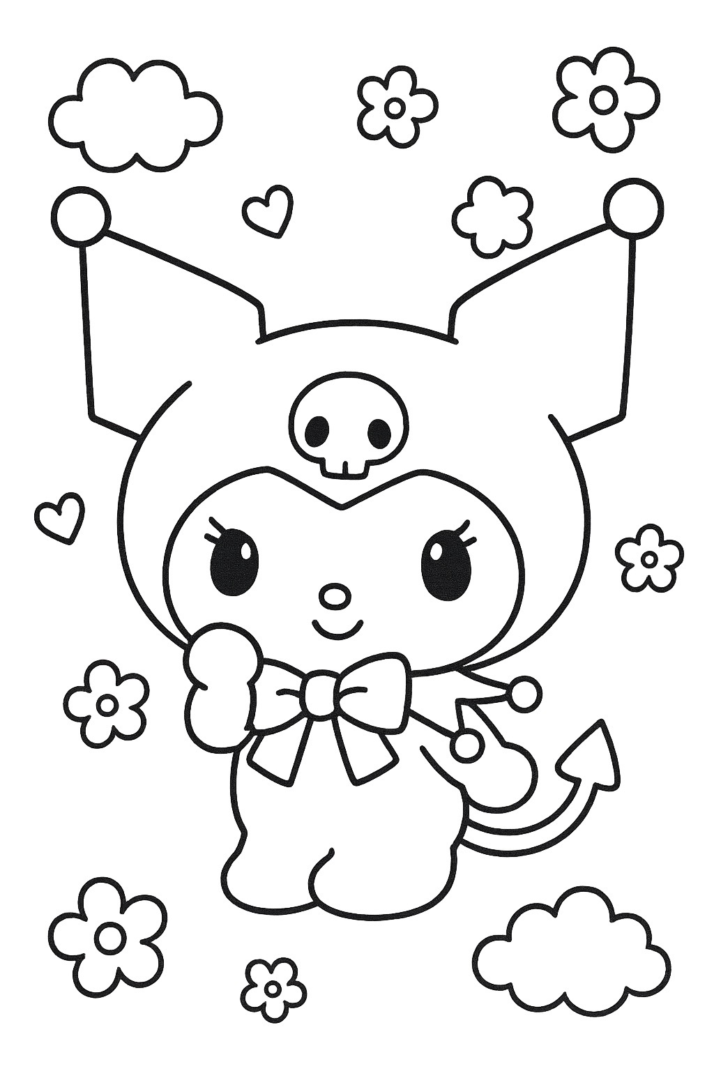 Desenho Kuromi com flores e nuvens para imprimir e colorir