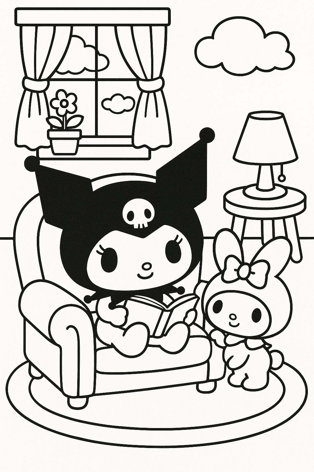 Kuromi lendo um livro em uma poltrona com um coelho para imprimir