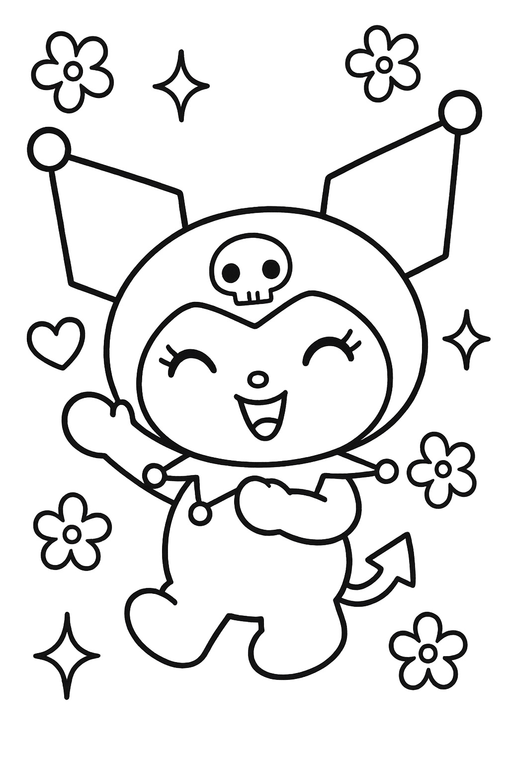 Desenho Kuromi sorrindo entre flores e estrelas para Colorir Desenho Kuromi sorrindo entre flores e estrelas para Colorir