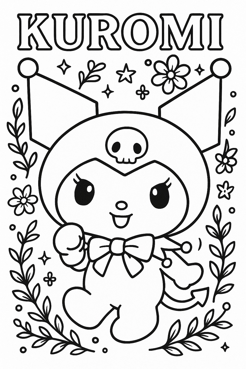 Kuromi feliz cercada por flores para imprimir e colorir