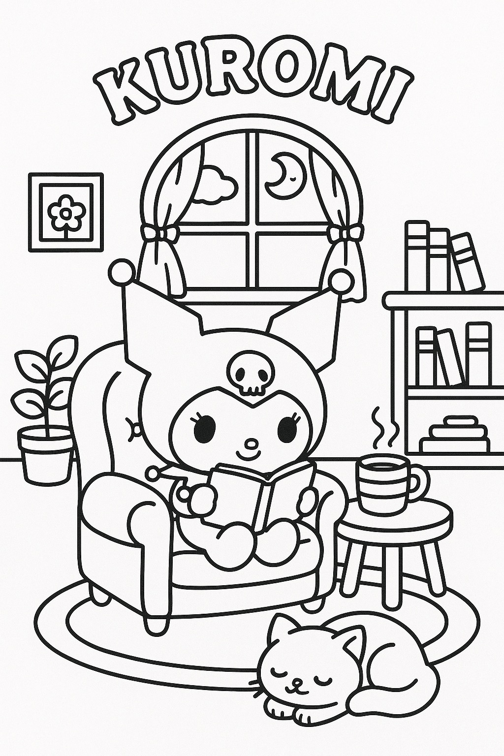 Kuromi sentada em uma poltrona lendo um livro