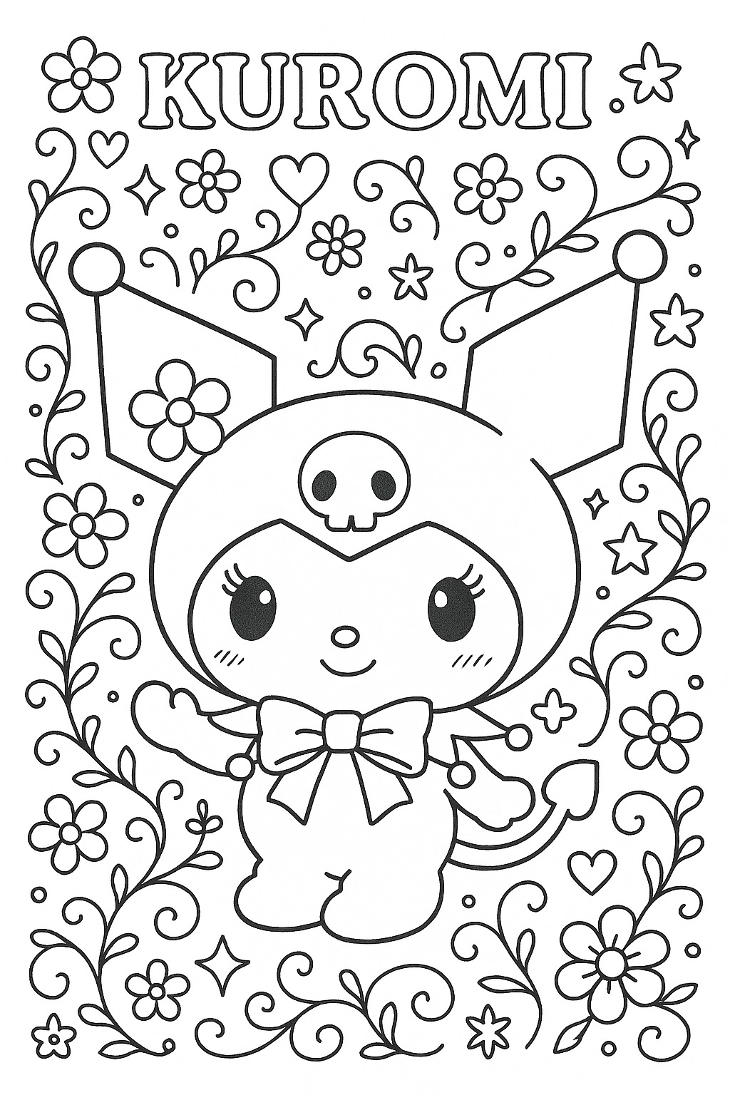 Kuromi fofa com flores e corações para imprimir e colorir
