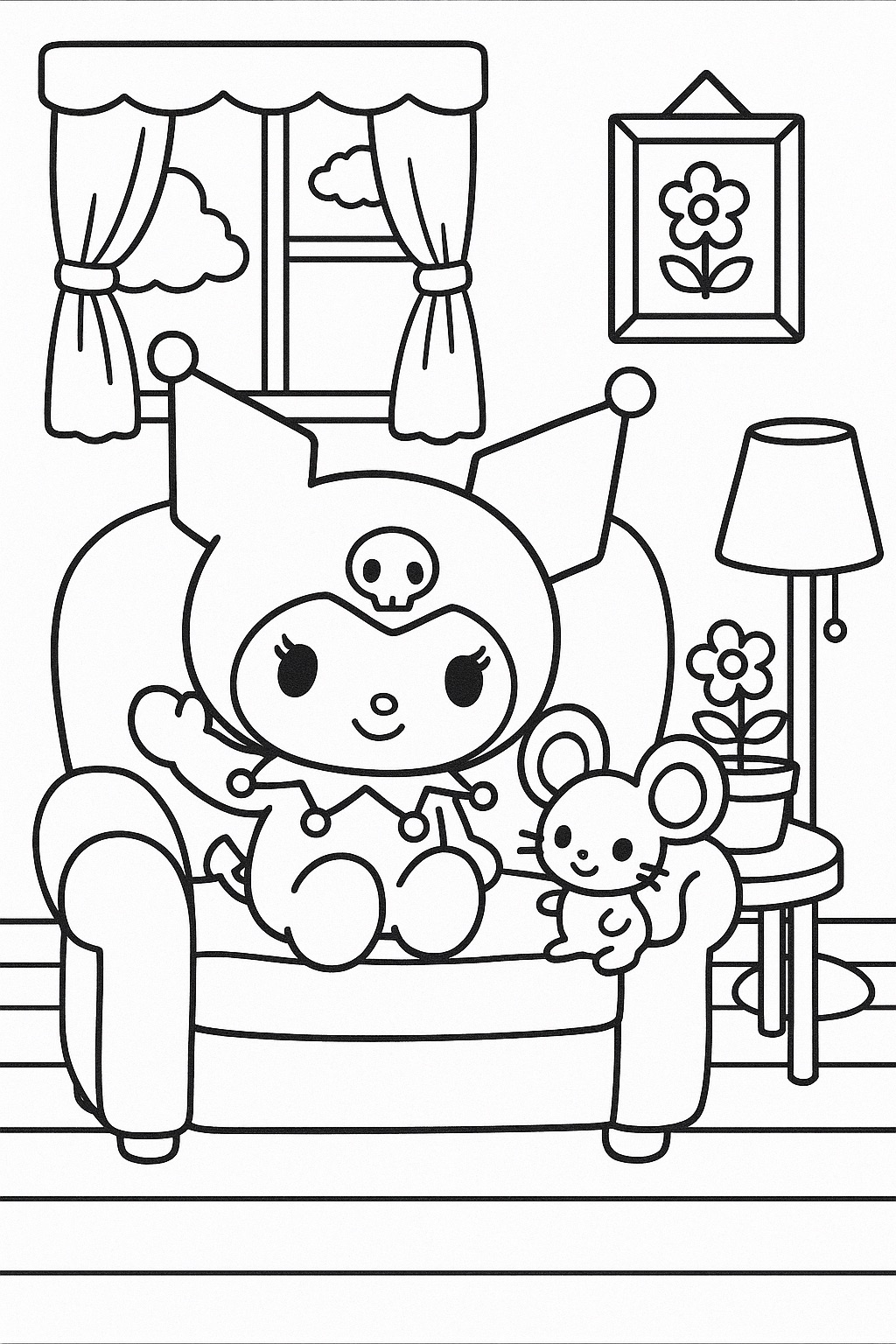 Desenho Kuromi em poltrona com ratinho para Colorir e Imprimir Desenho Kuromi em poltrona com ratinho para Colorir e Imprimir