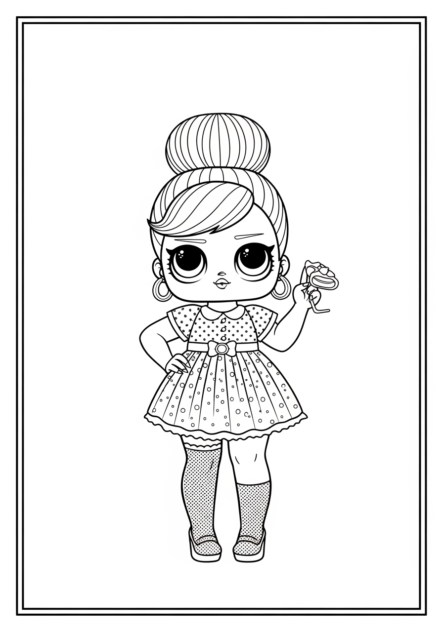 Desenho da LOL Surprise com vestido segurando óculos