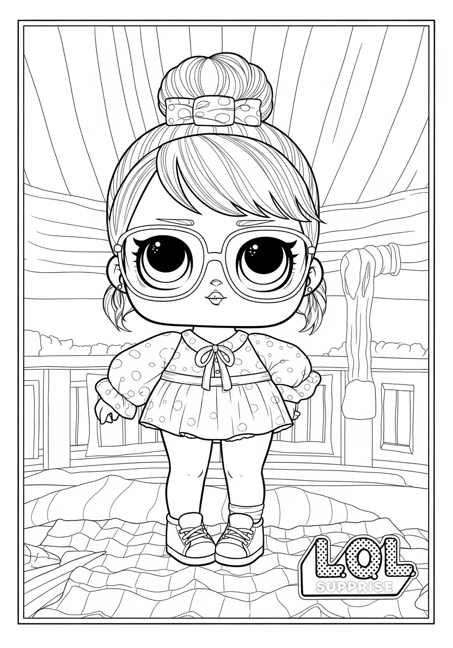 Desenho da LOL Surprise com vestido e óculos para colorir