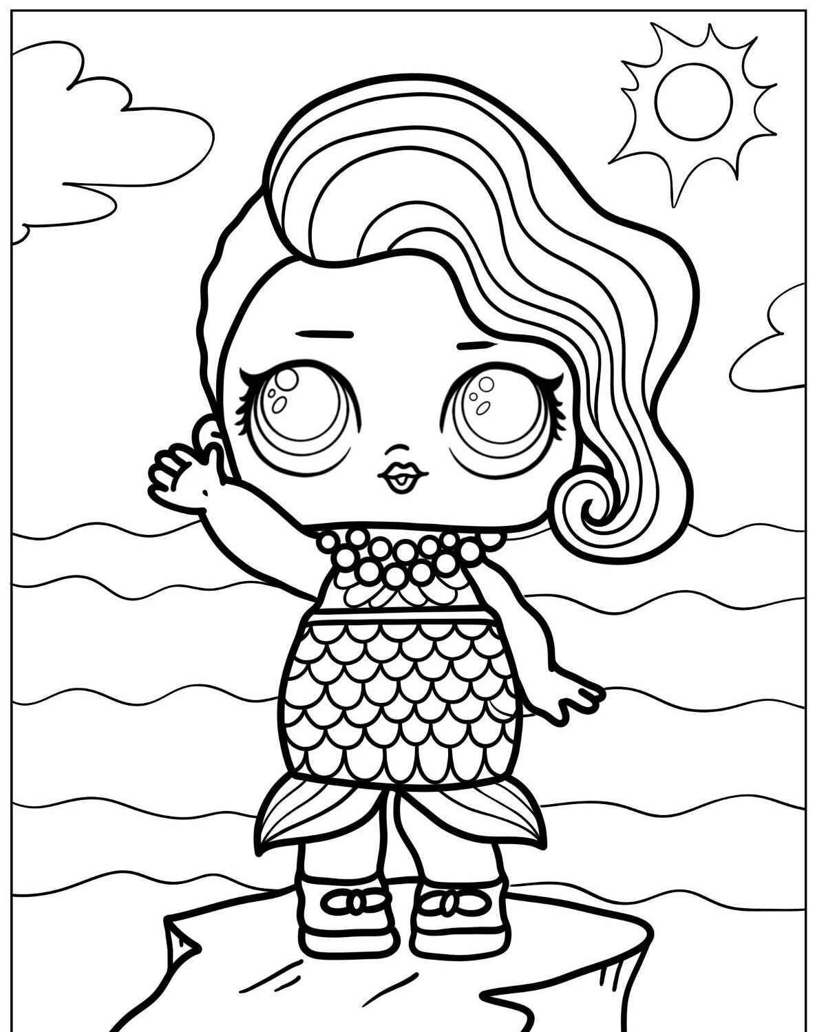 Desenho da LOL Surprise sereia na praia para colorir