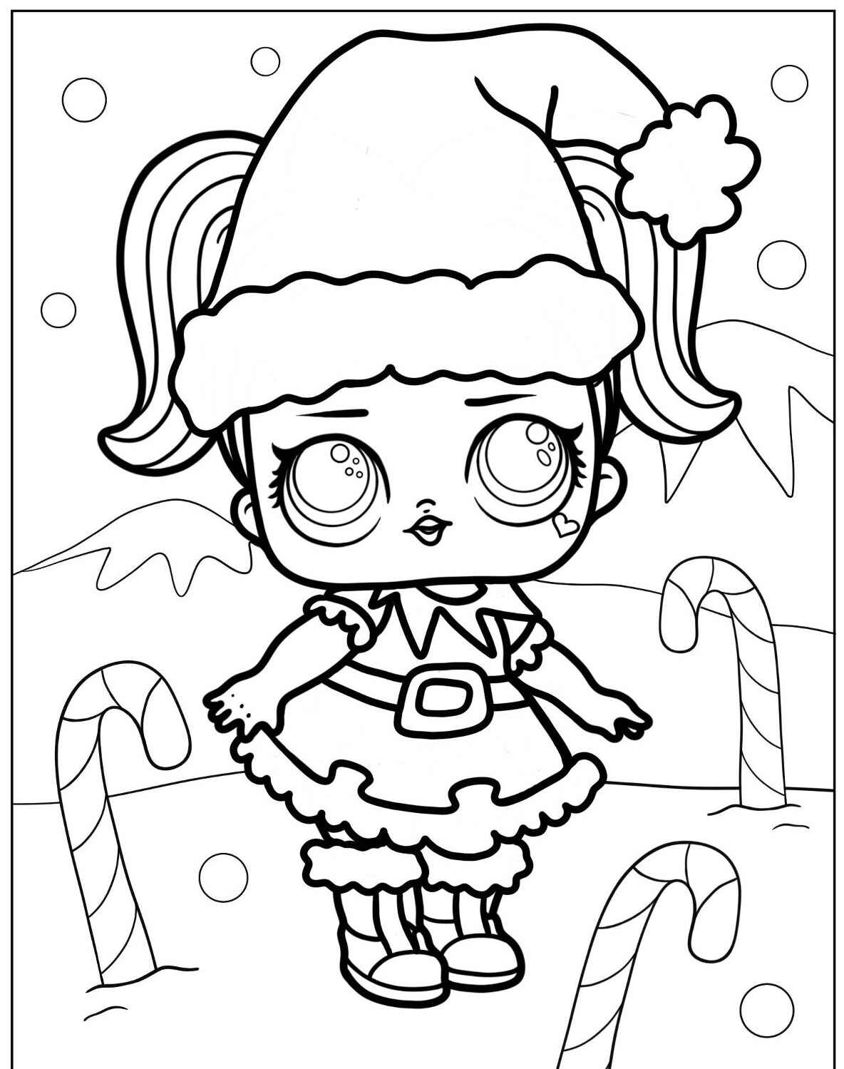 Desenho da LOL Surprise natalina entre docinhos