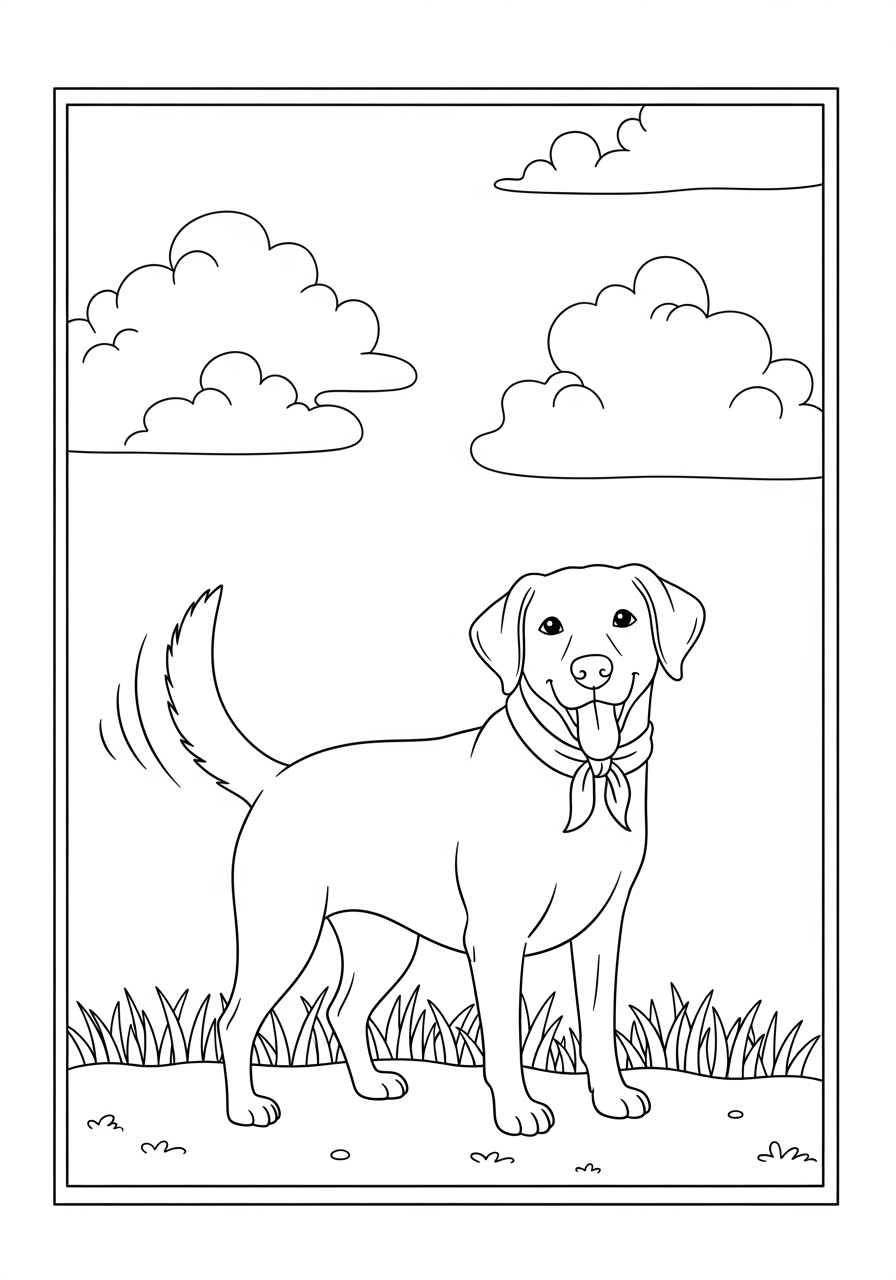 Desenho do Labrador em um campo com nuvens para colorir