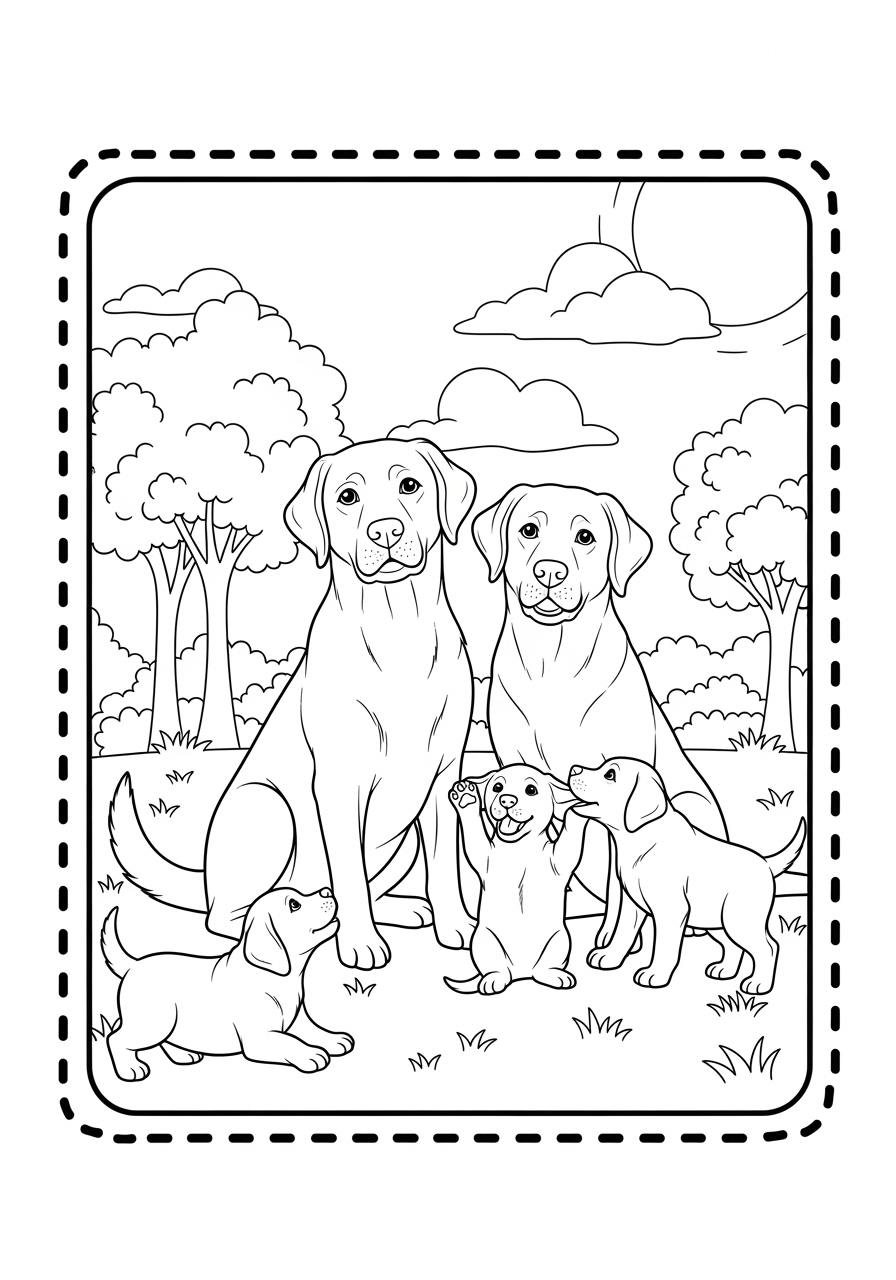 Desenho do Labrador Retriever com filhotes para colorir