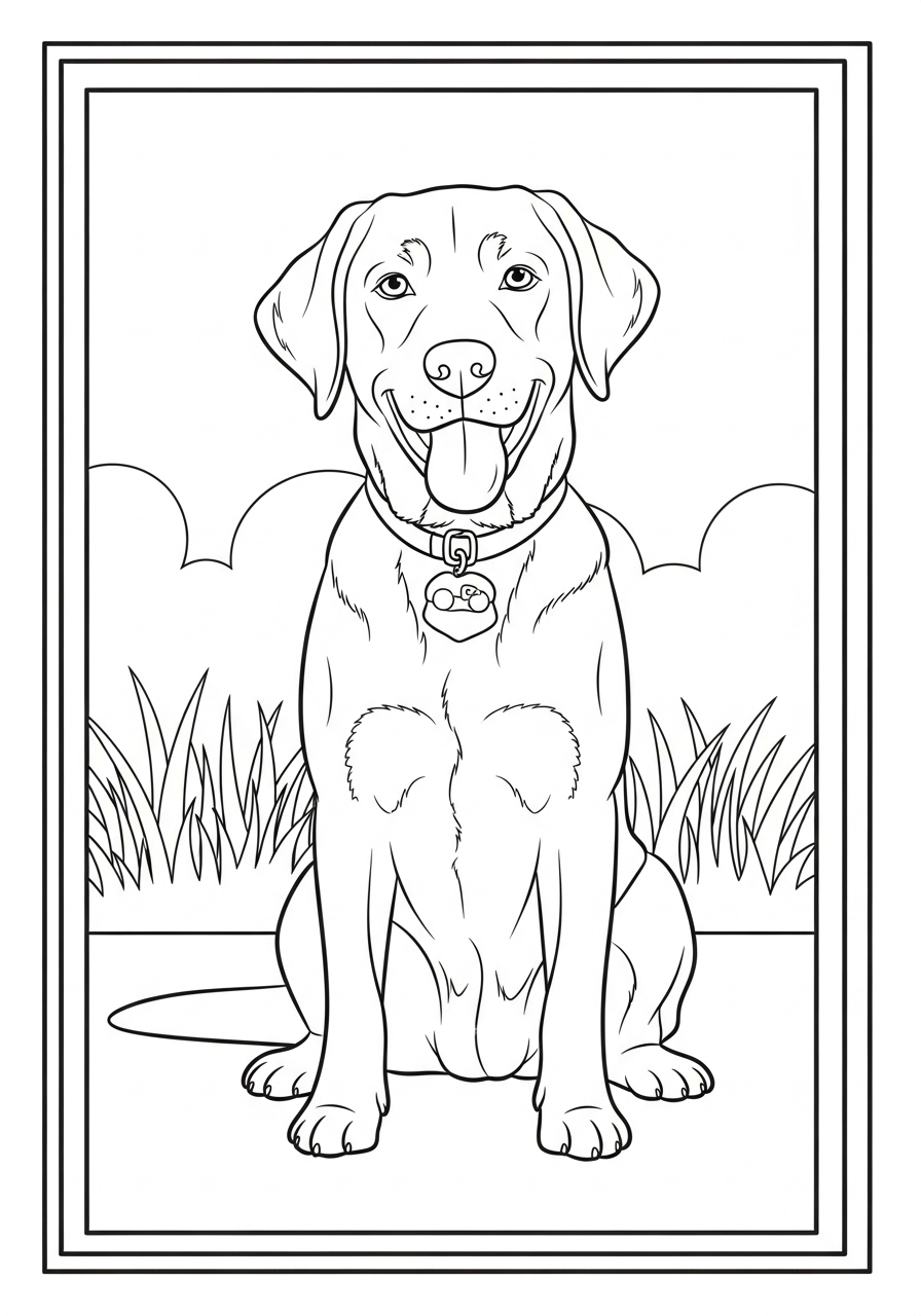 Desenho do Labrador Retriever sentado no gramado para colorir