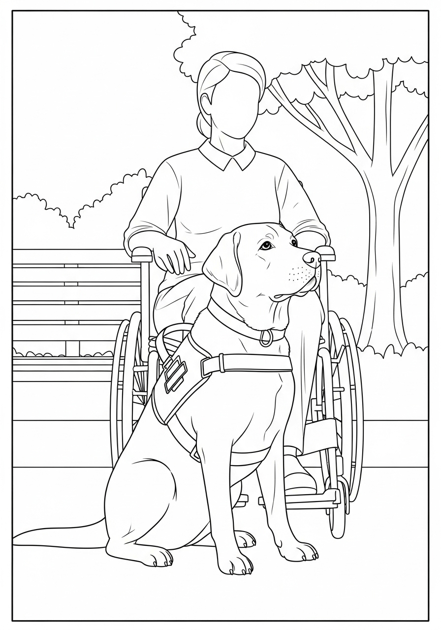 Desenho do Labrador ao lado de uma cadeira de rodas para colorir