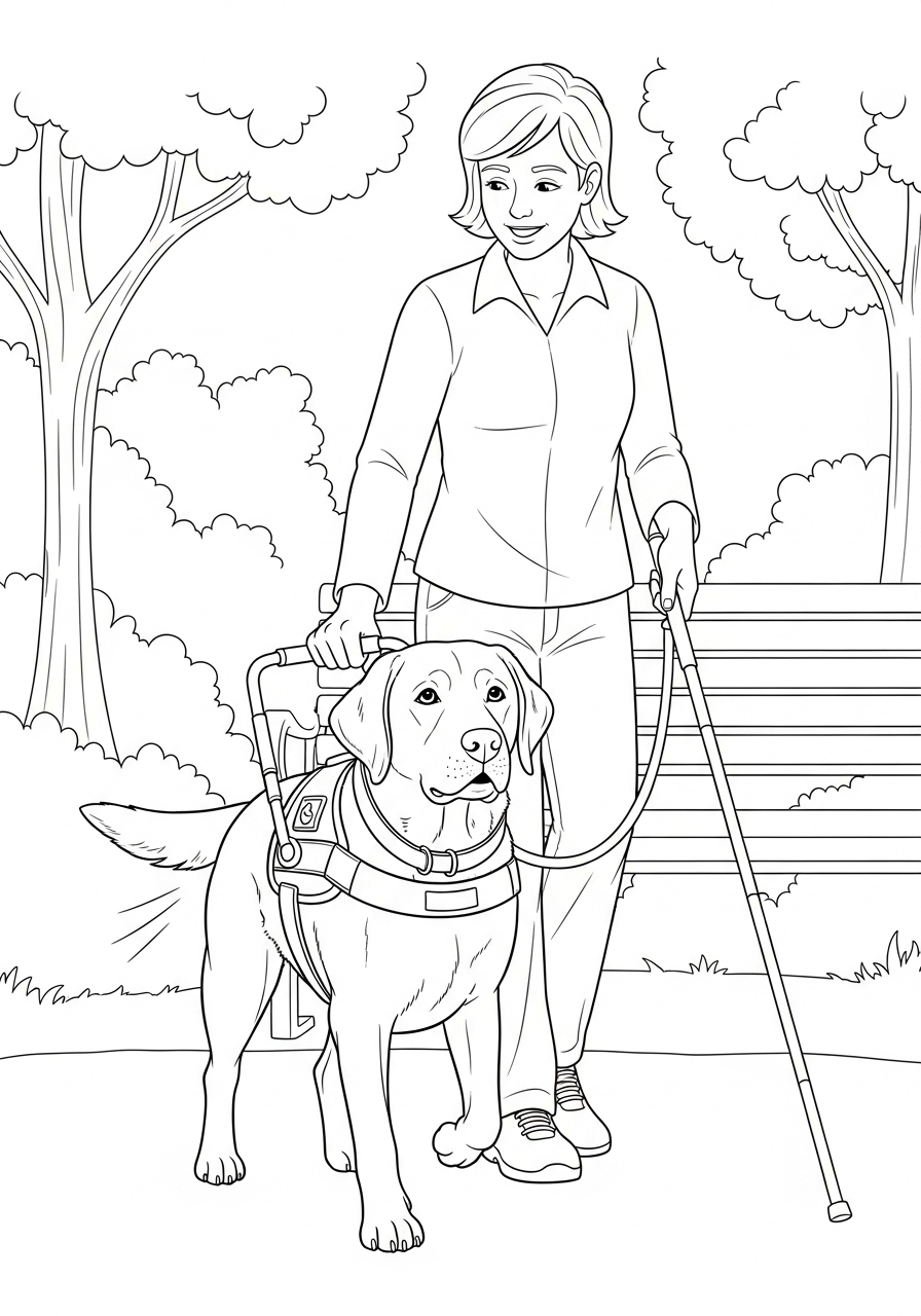 Desenho do Labrador Retriever guiando uma pessoa para colorir