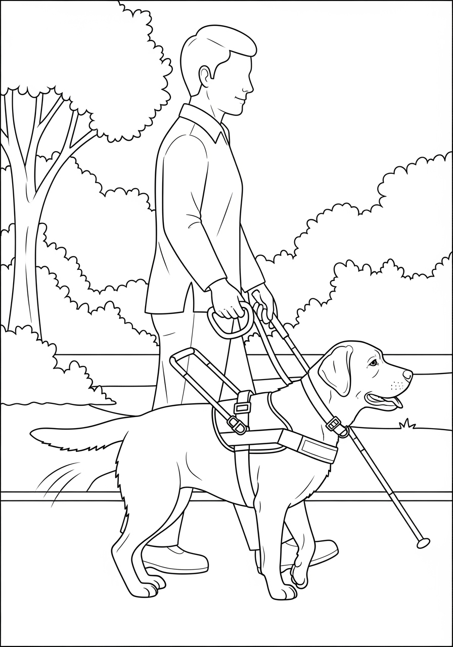 Desenho do Labrador Retriever sendo guiado por um homem