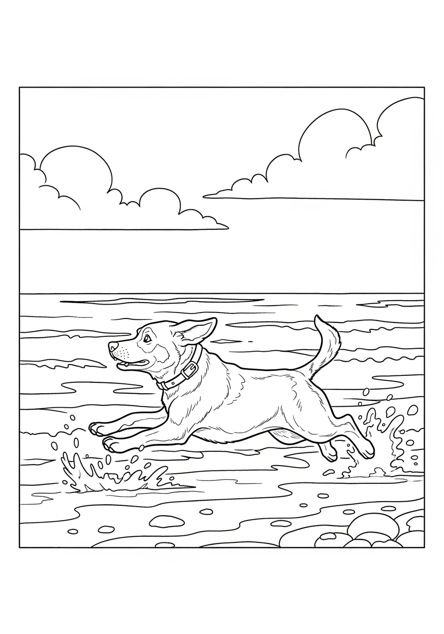 Desenho do Labrador retriever correndo na praia para colorir