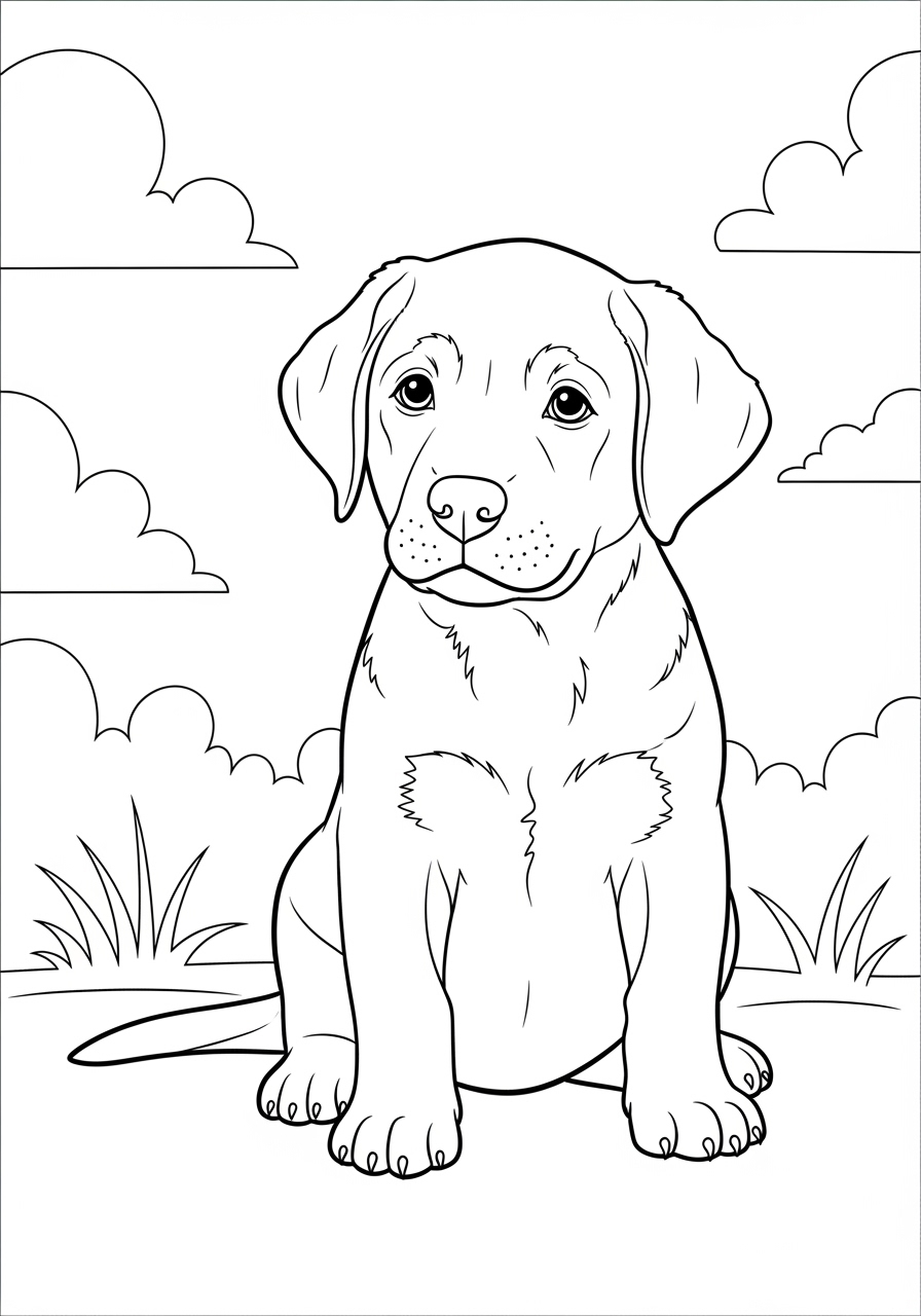 Desenho do Labrador Retriever sentado em um cenário para colorir