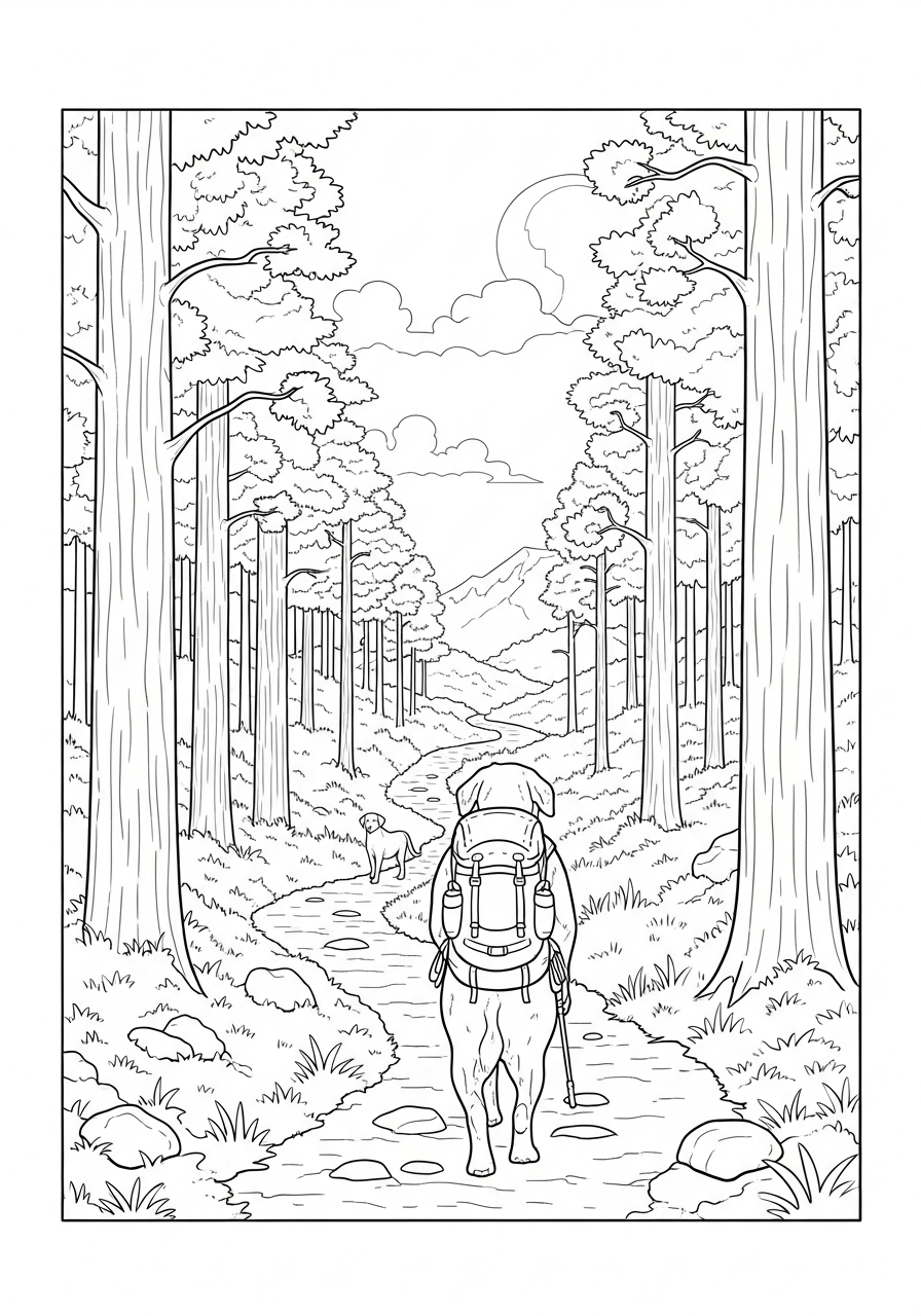 Desenho do Labrador caminhando em uma trilha na floresta