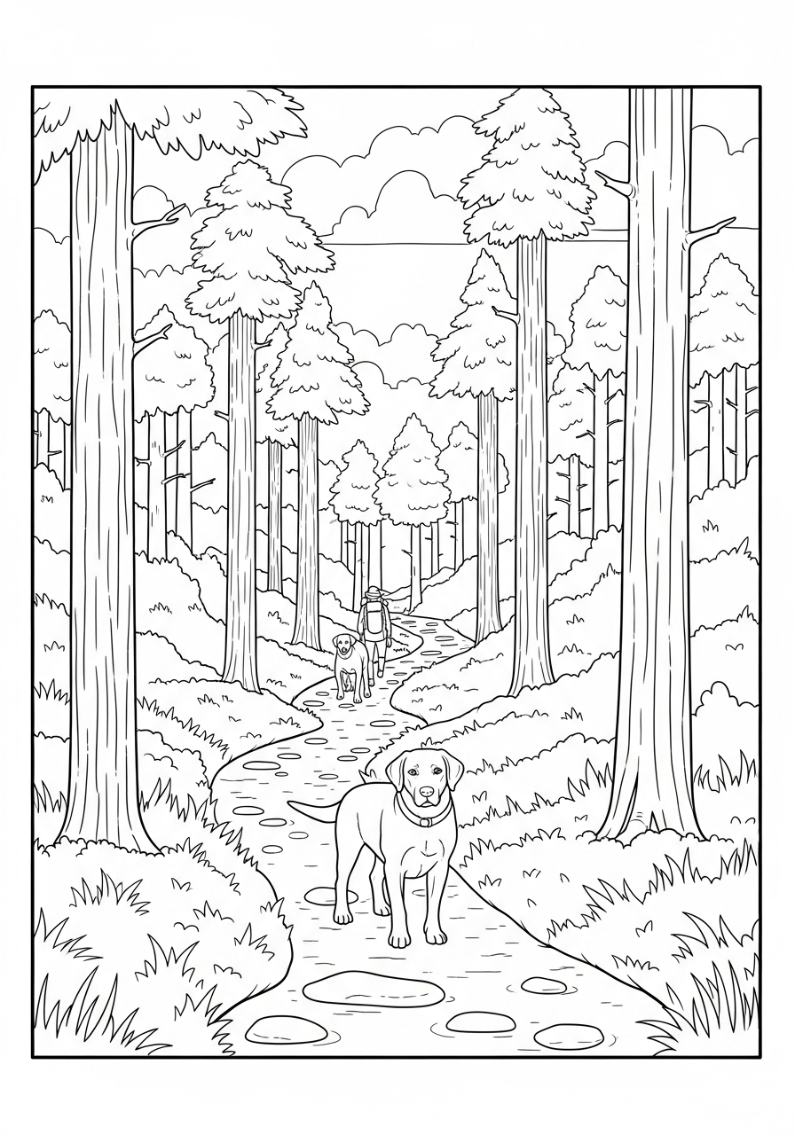 Desenho do Labrador Retriever caminhando na floresta para colorir