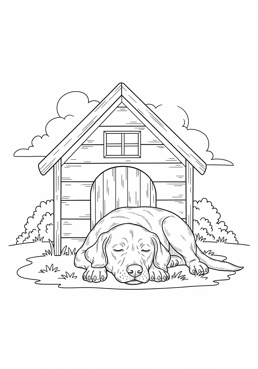 Desenho do Labrador descansando ao lado da casinha para colorir