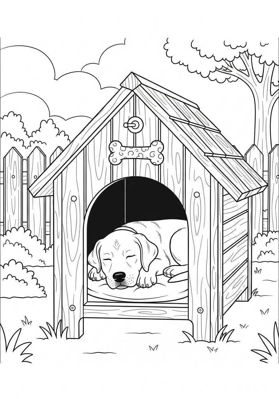 Desenho do Labrador dormindo em sua casinha para colorir