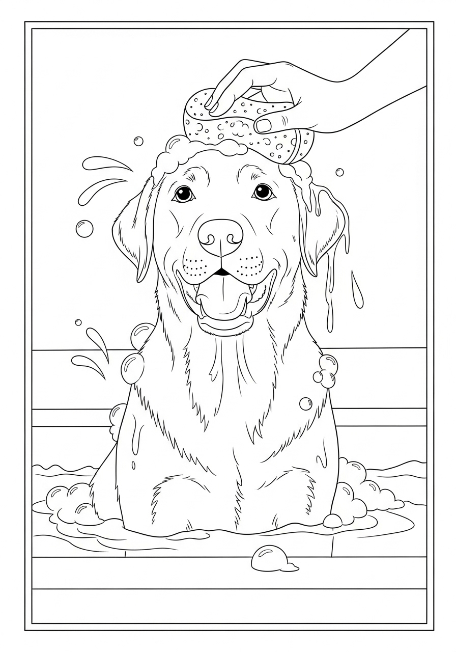 Desenho do Labrador sendo banhado com espuma para colorir