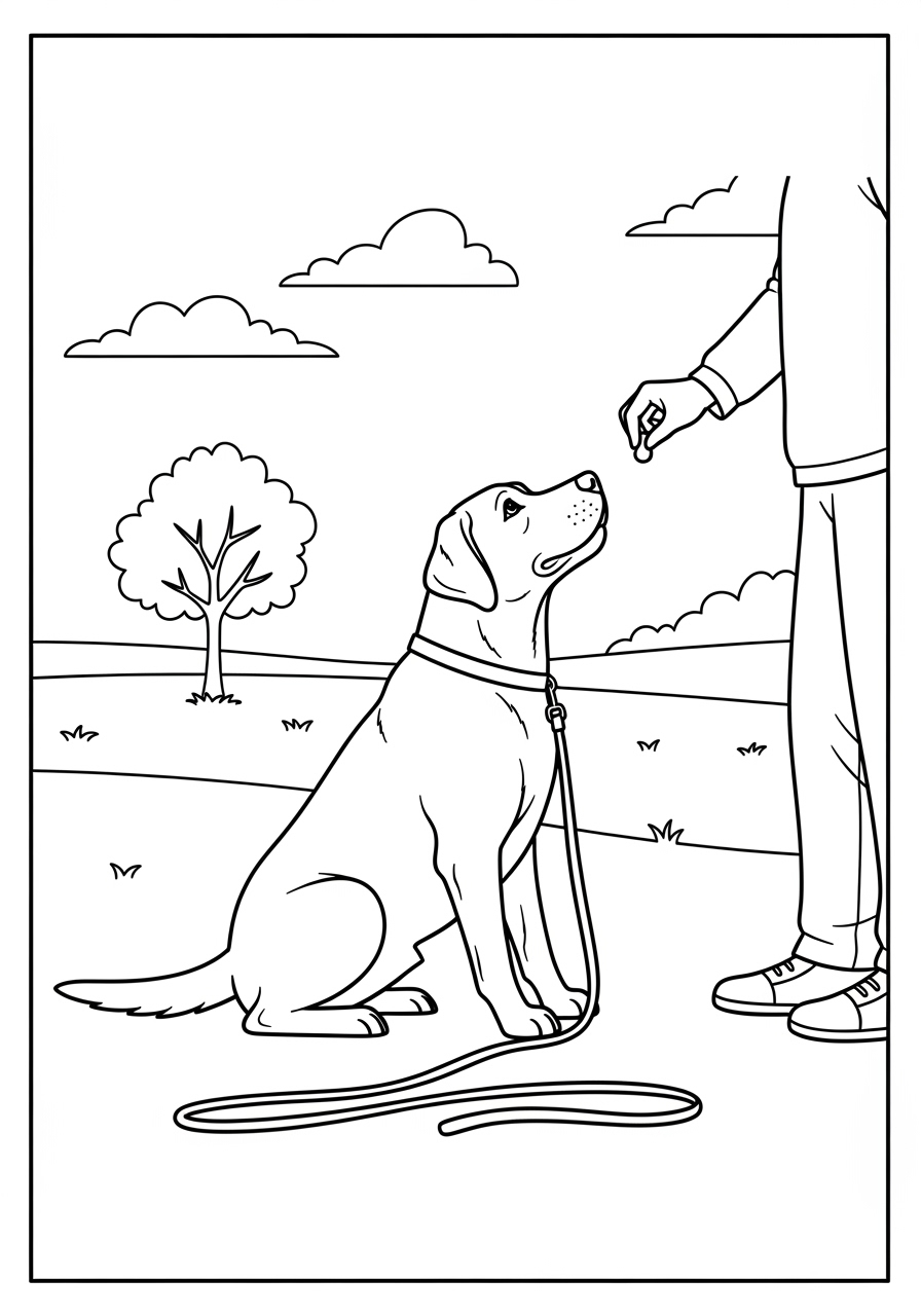 Desenho do Labrador sentado esperando um petisco para colorir