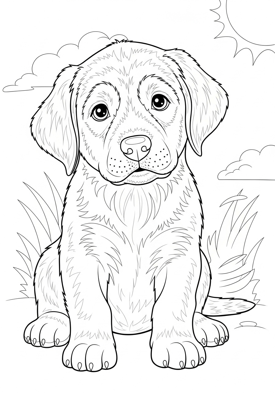 Desenho do Labrador Retriever fofo sentado em campo para colorir