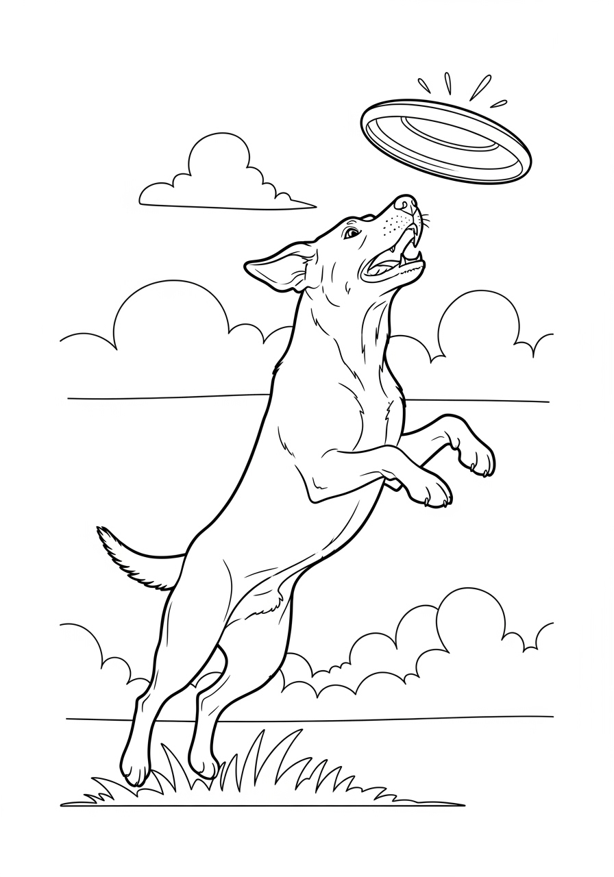 Desenho do Labrador pulando para pegar um frisbee para colorir