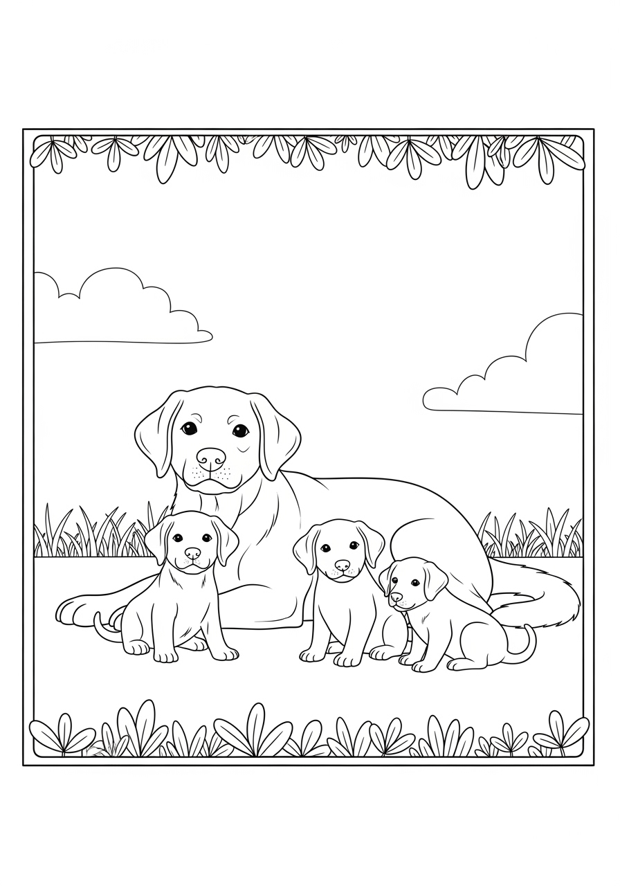 Desenho do Labrador Retriever e filhotes para colorir