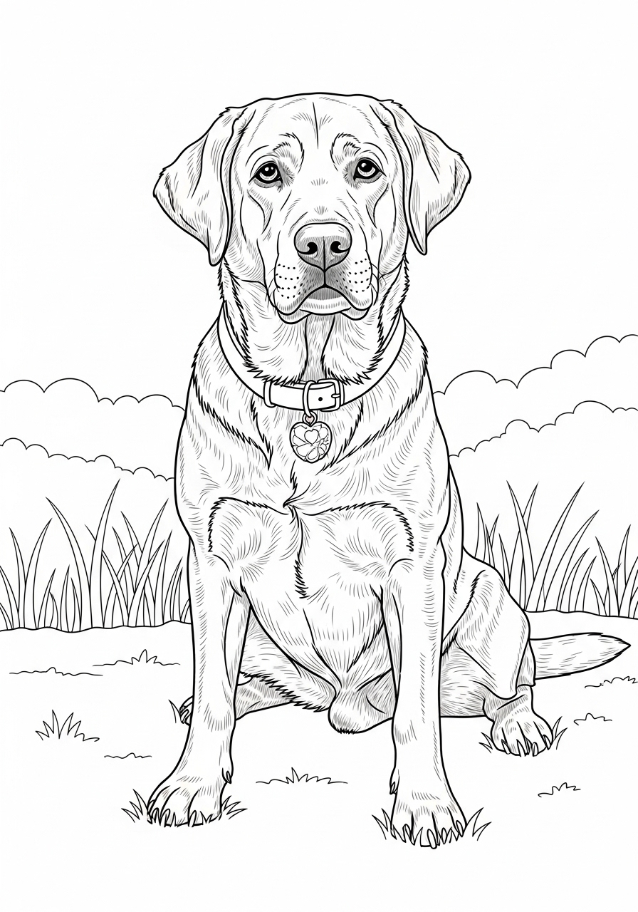 Desenho do Labrador Retriever sentado em um campo para colorir