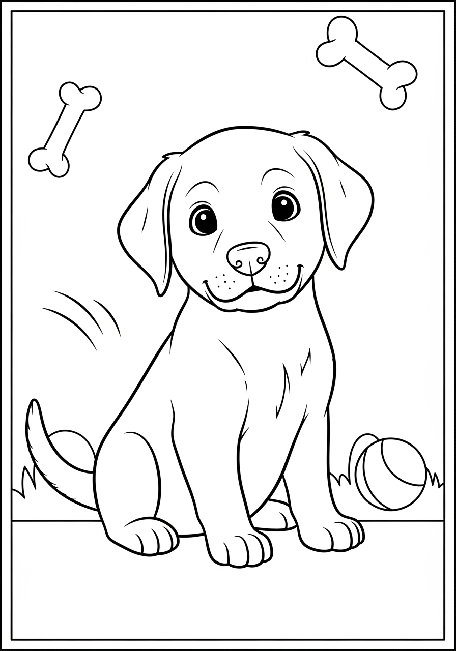 Desenho do Labrador sentado com brinquedos para colorir