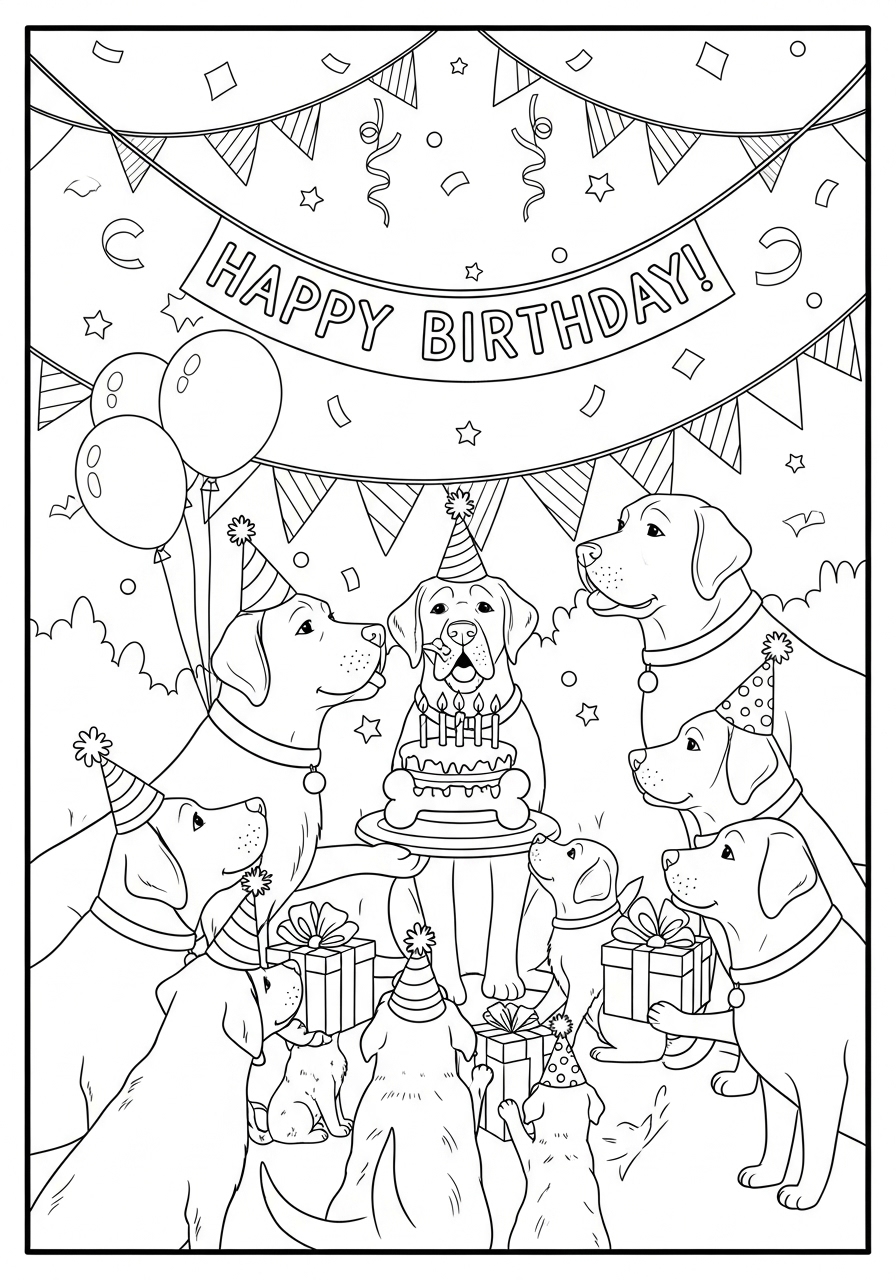 Desenho do Labrador comemorando aniversário para colorir