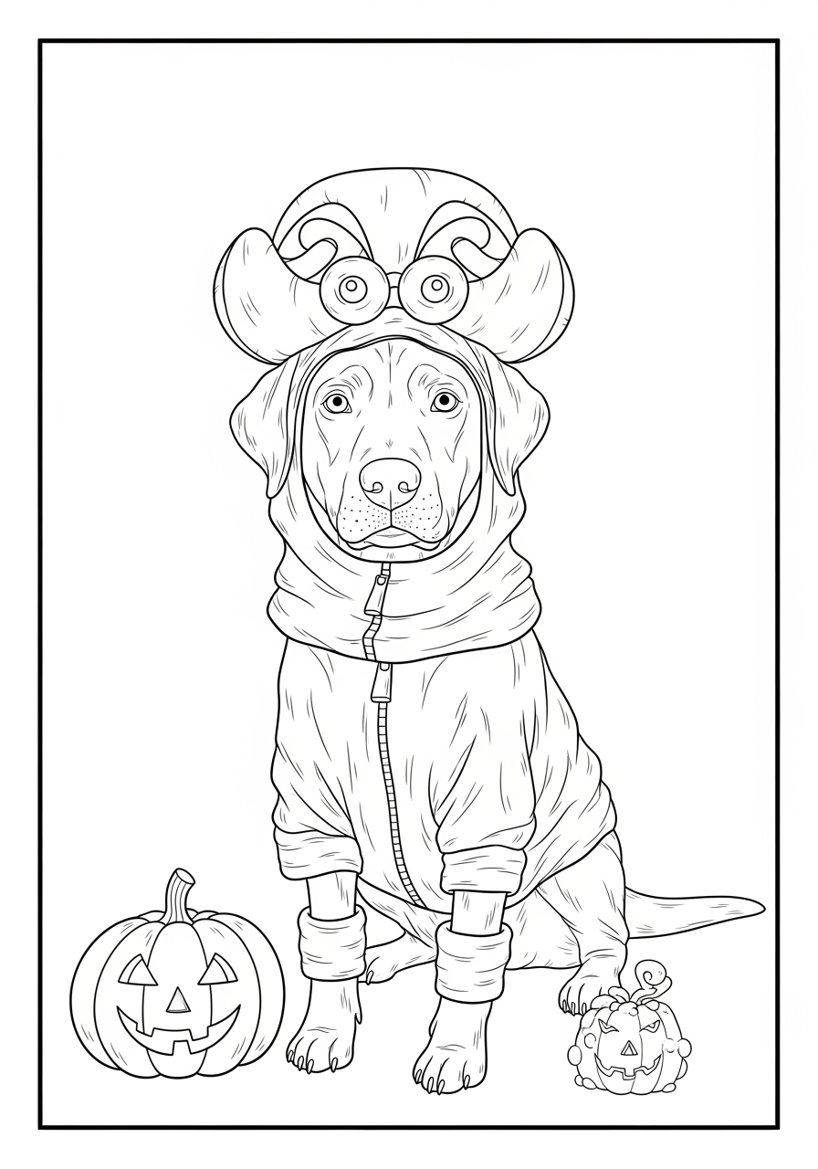 Desenho do Labrador vestido de fantasia para colorir
