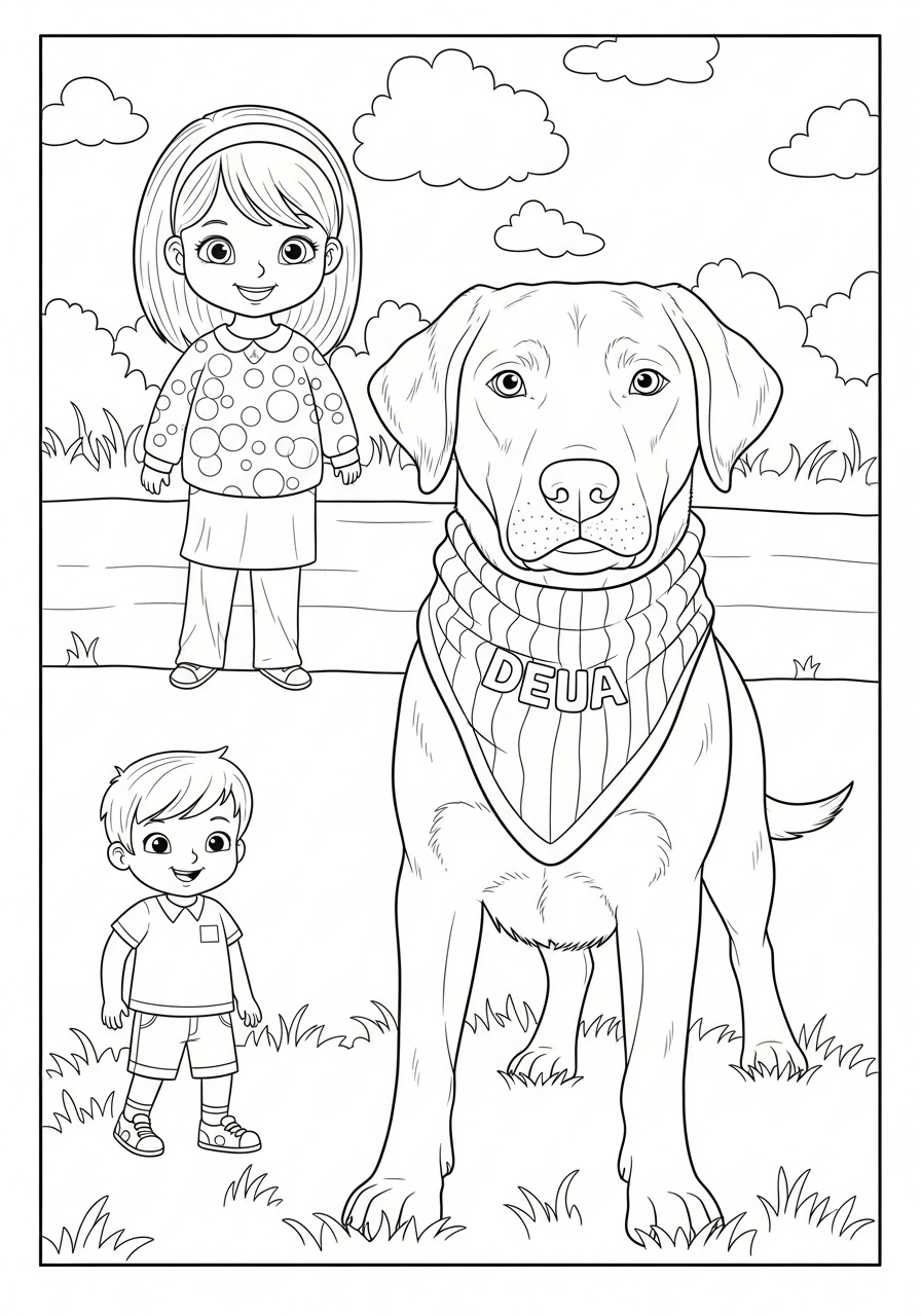 Desenho do Labrador Retriever com crianças para colorir