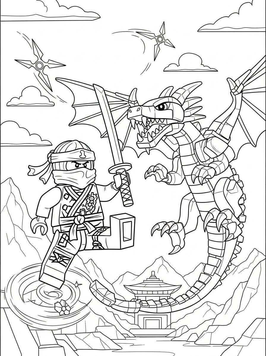 Desenho de Lego do ninja e dragão para colorir