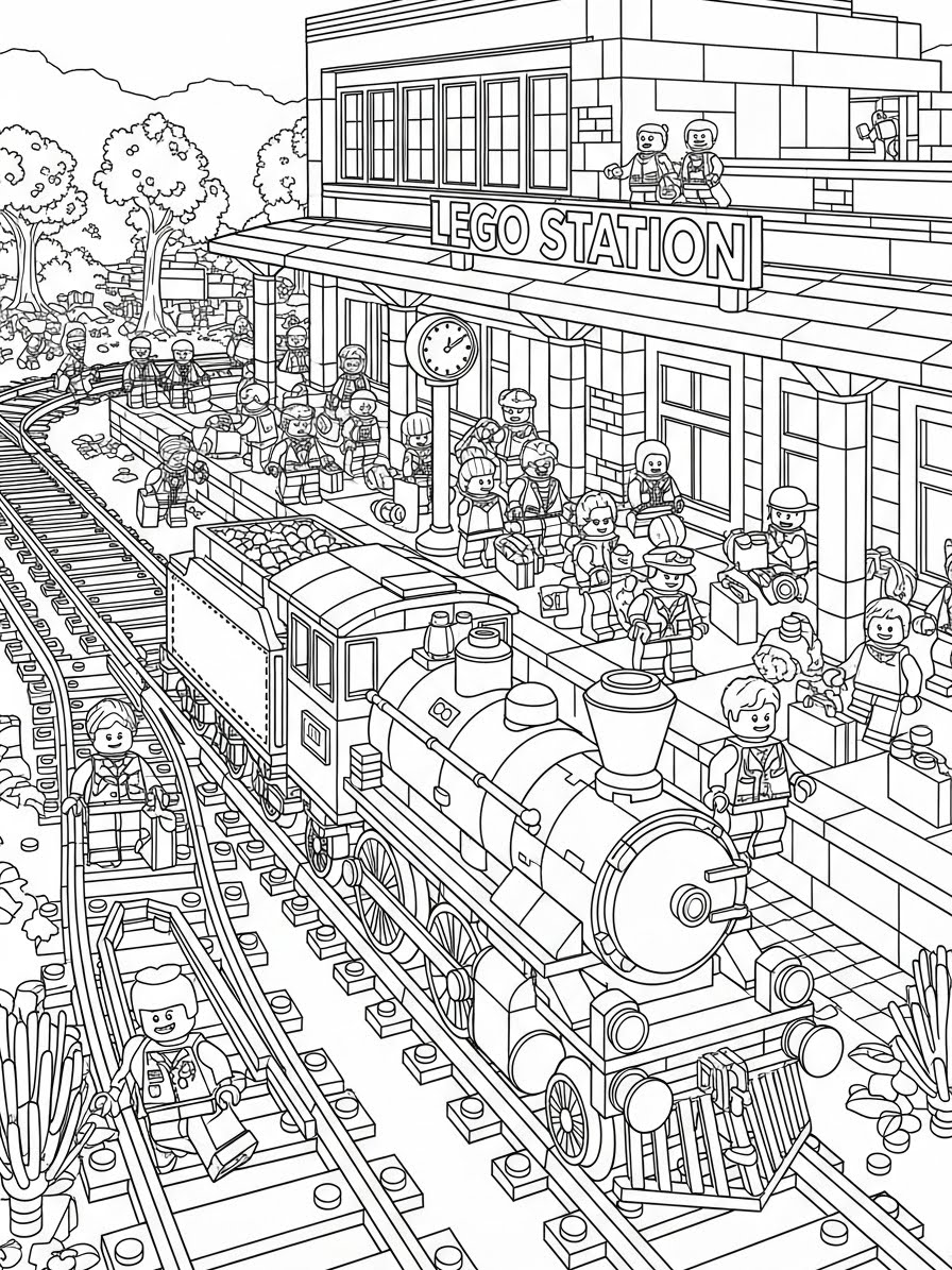 Desenho de Lego de uma estação de trem para colorir