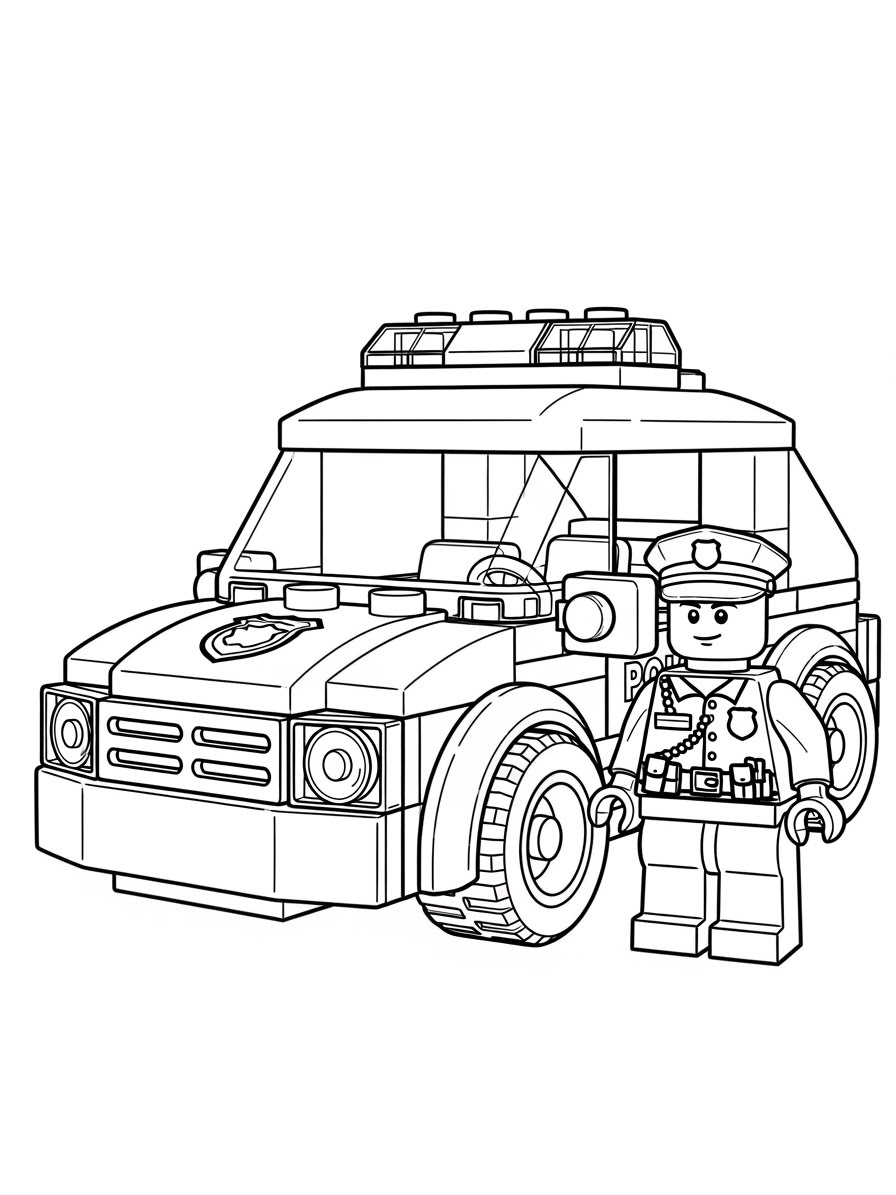 Desenho de Lego de um policial e carro para colorir