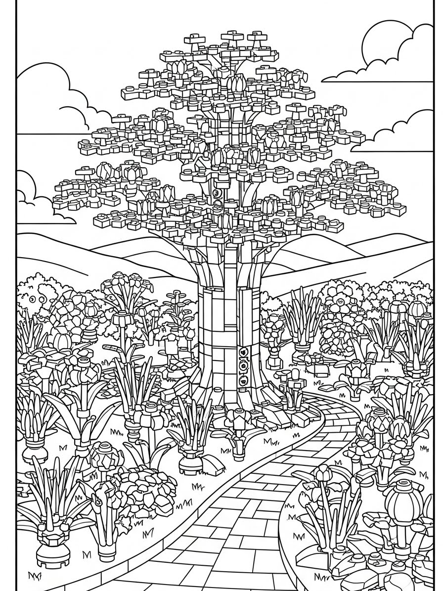 Desenho de Lego de uma árvore em um jardim para colorir