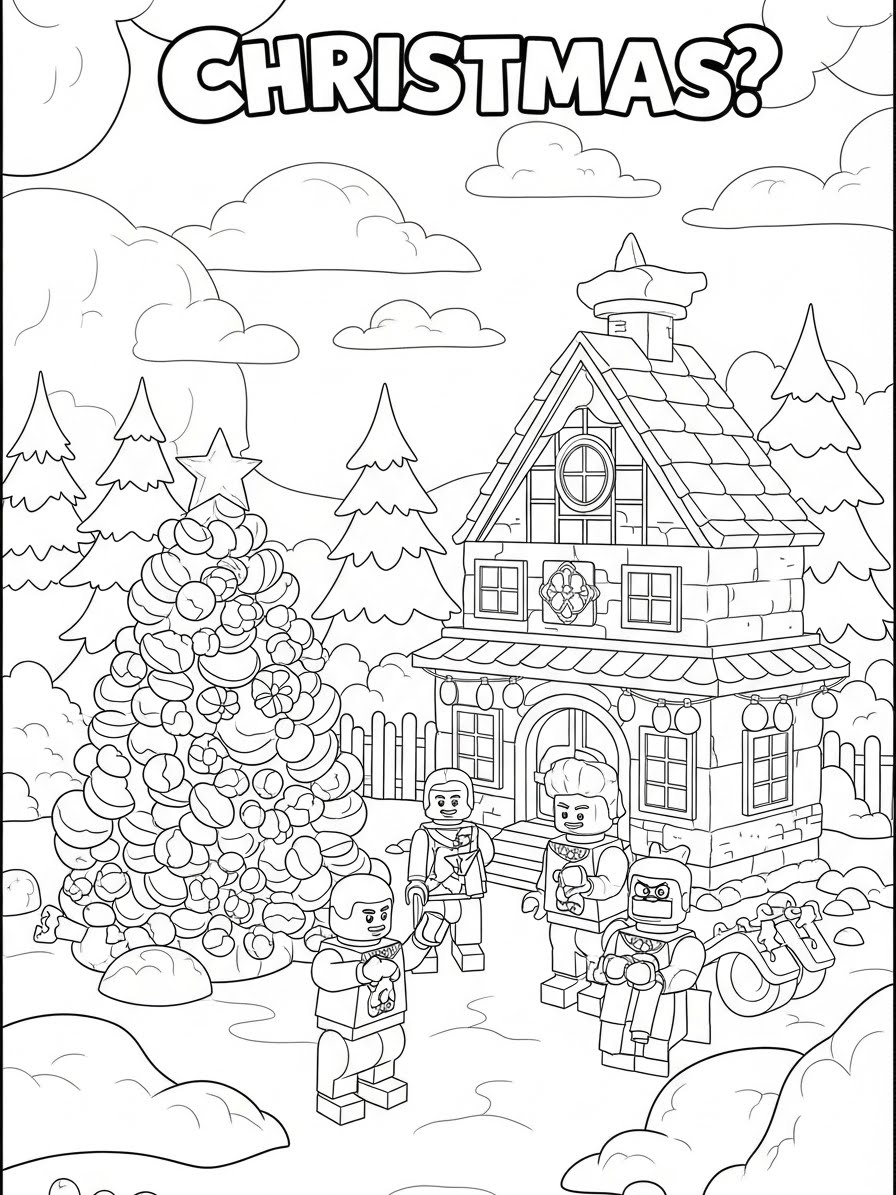 Desenho de Lego do Natal com personagens para colorir