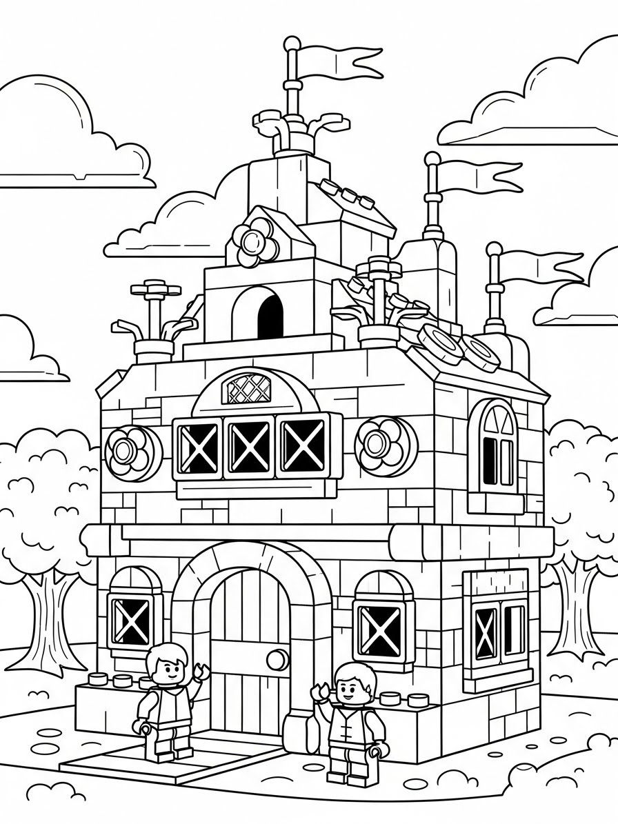 Desenho de Lego de uma casa com personagens para colorir
