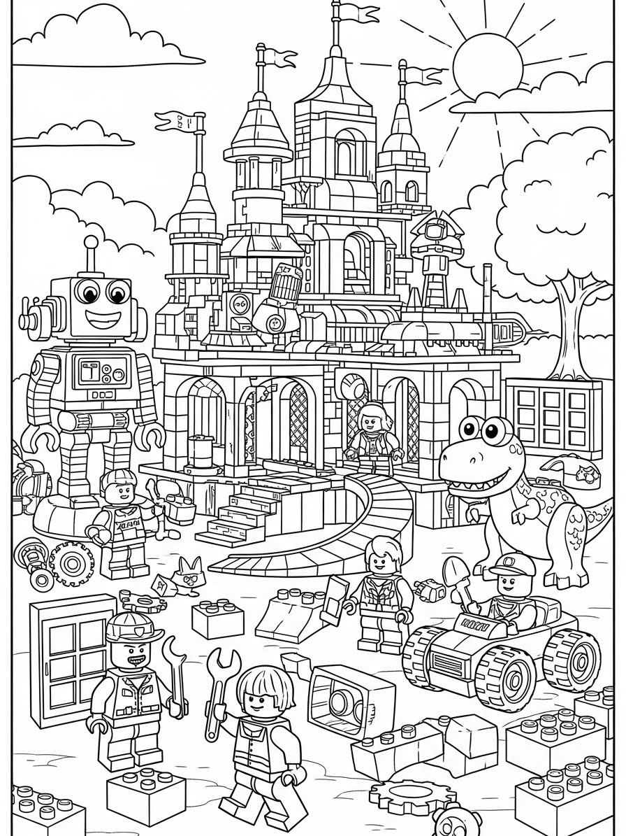 Desenho de Lego de castelo e personagens para colorir