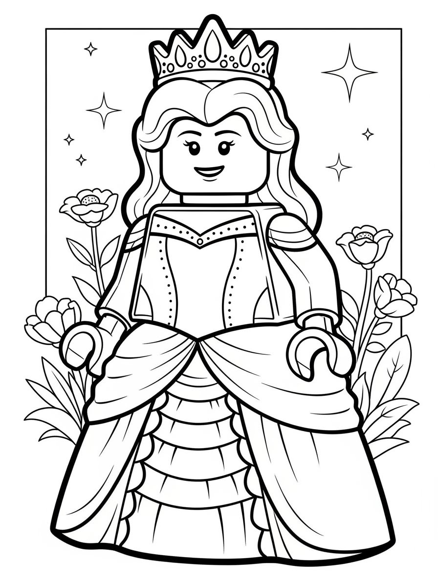 Desenho de Lego de princesa com flores para colorir