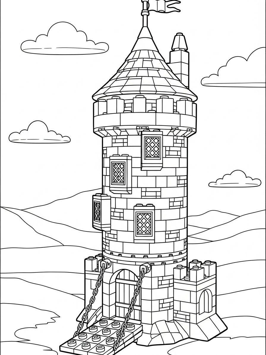 Desenho de Lego de uma torre medieval para colorir