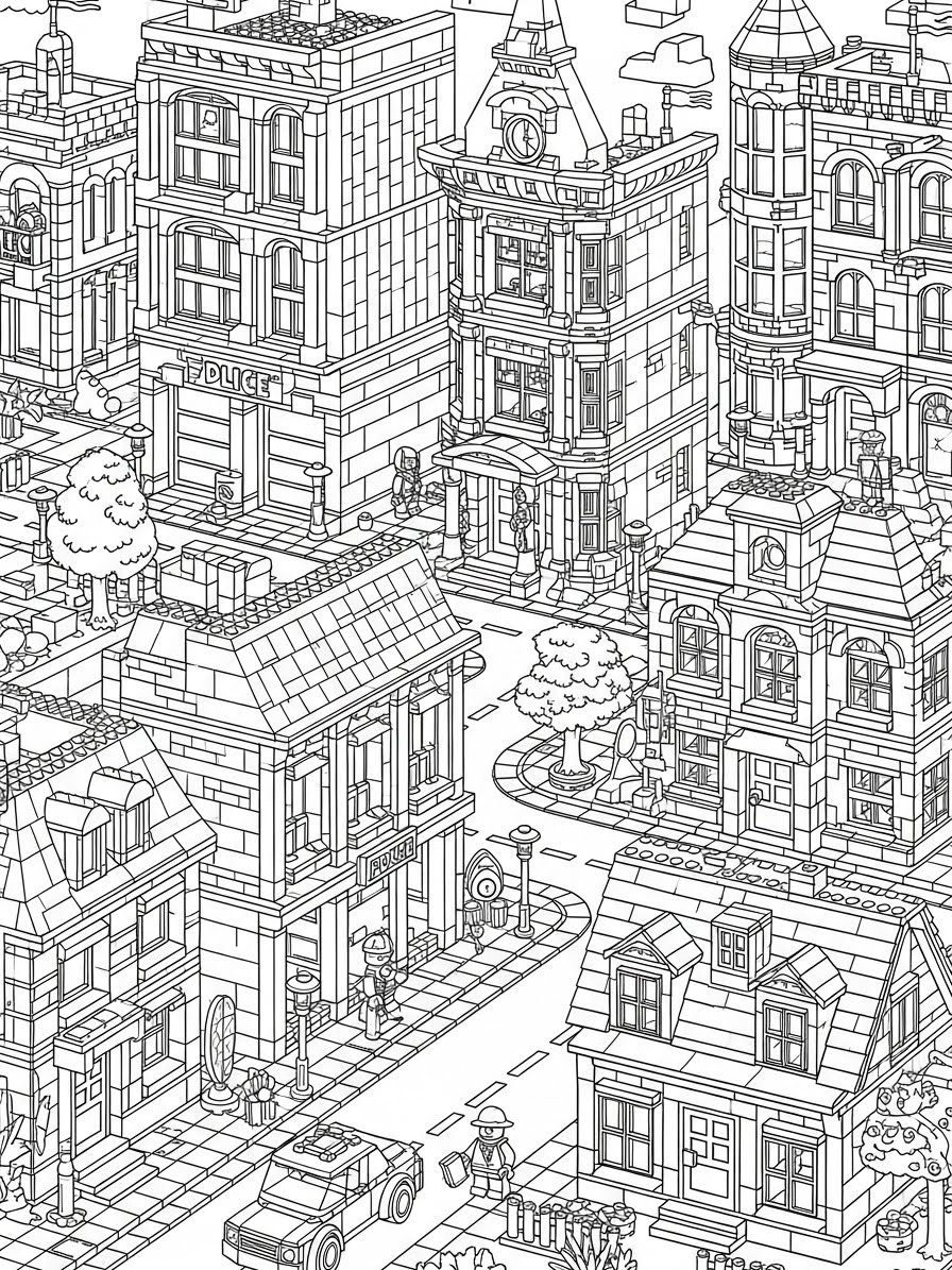 Desenho de Lego de cidade com casas e personagens para colorir