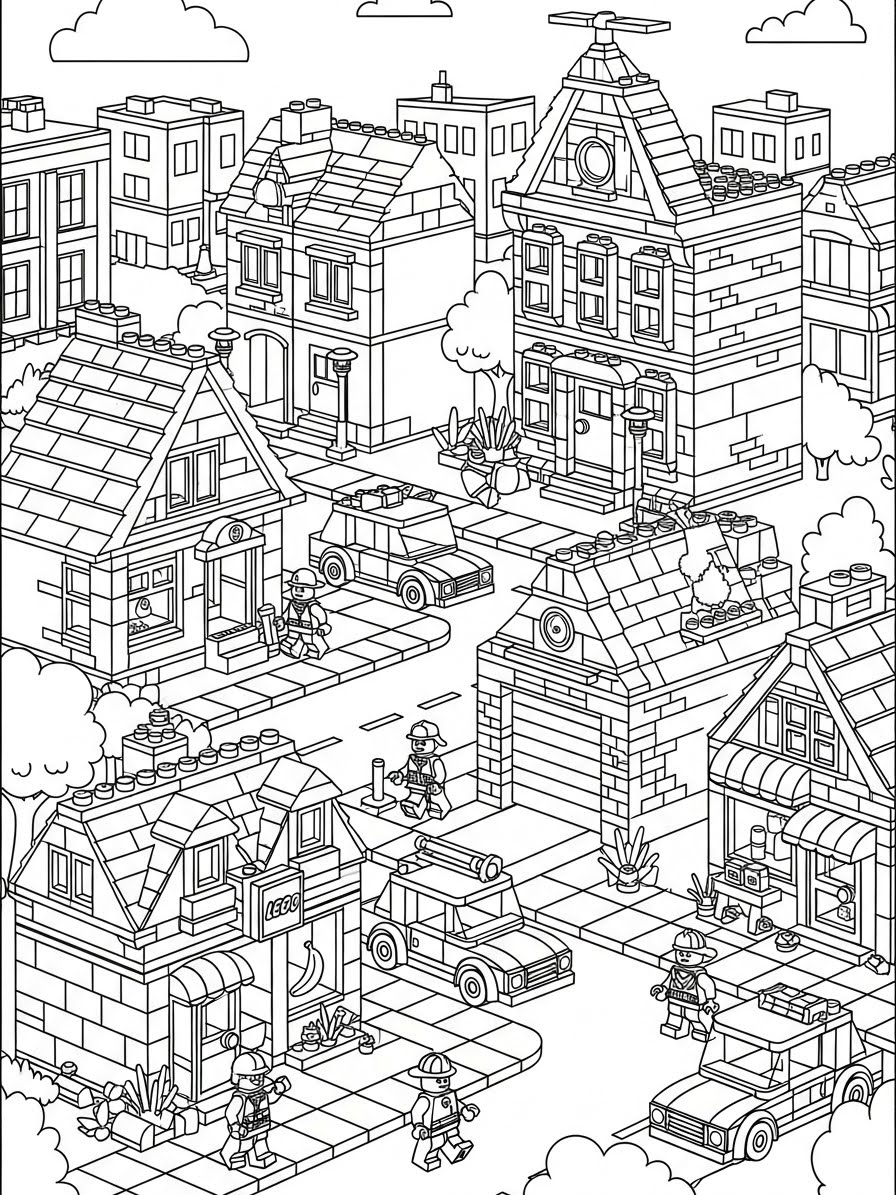 Desenho de Lego de cidade com casas e carros para colorir